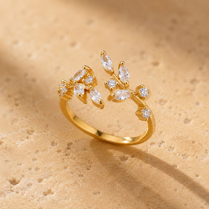 Crystal Leaf Branch Ring - Gold Tone
