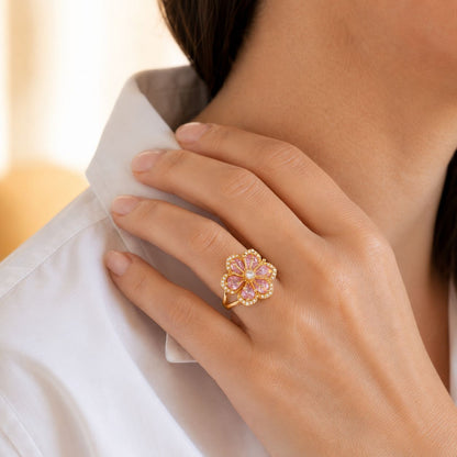 Pink Crystal Flower Statement Ring