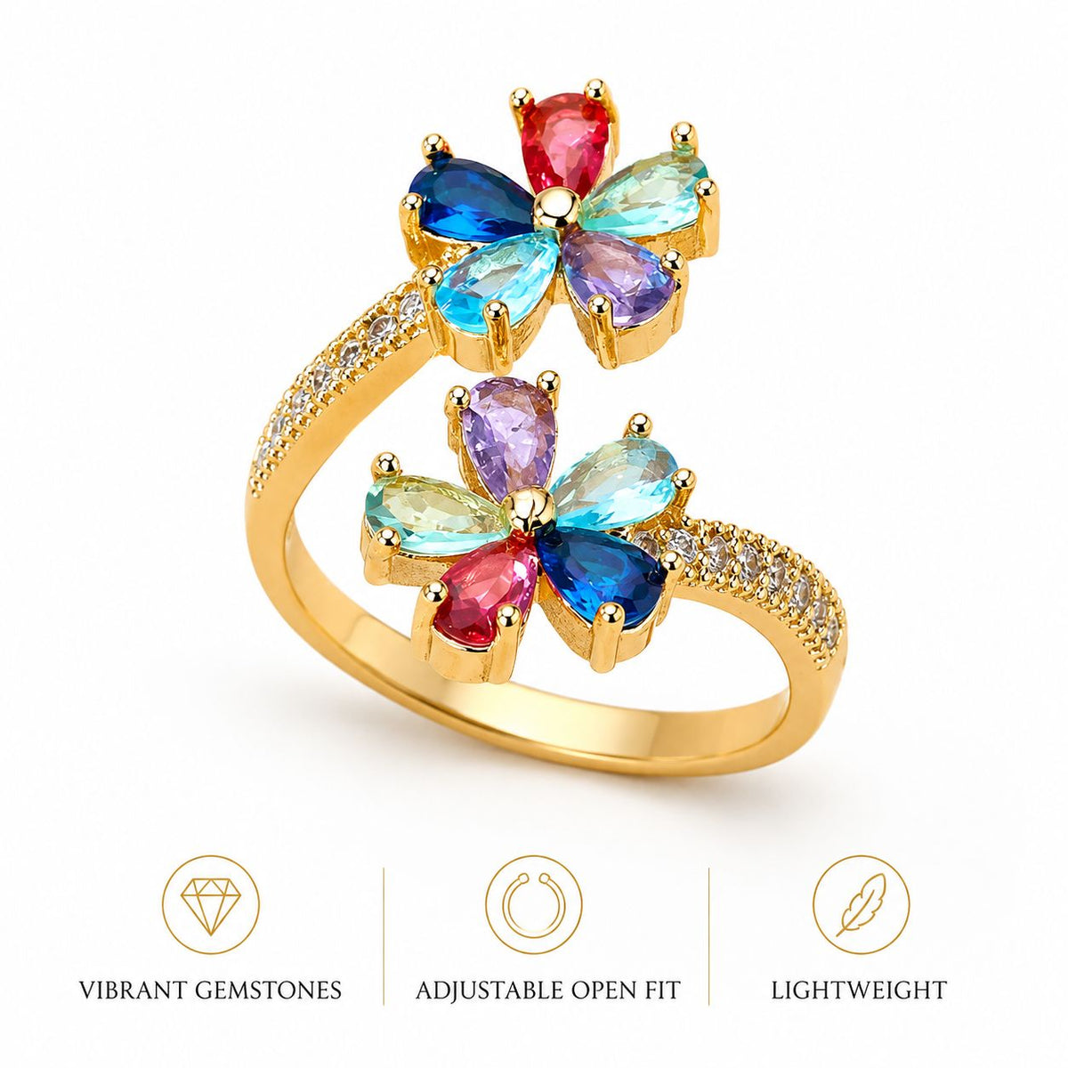 Multicolor Crystal Flower Bypass Ring