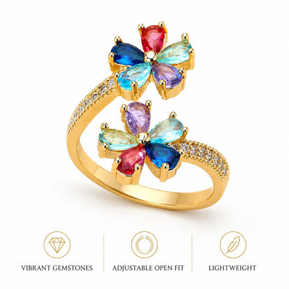 Multicolor Crystal Flower Bypass Ring