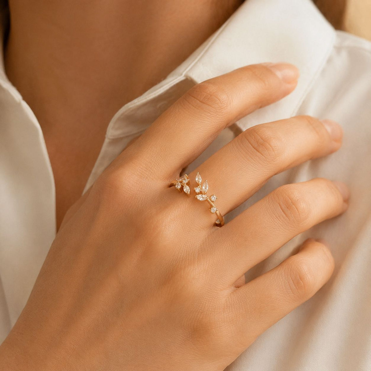 Crystal Leaf Branch Ring - Gold Tone