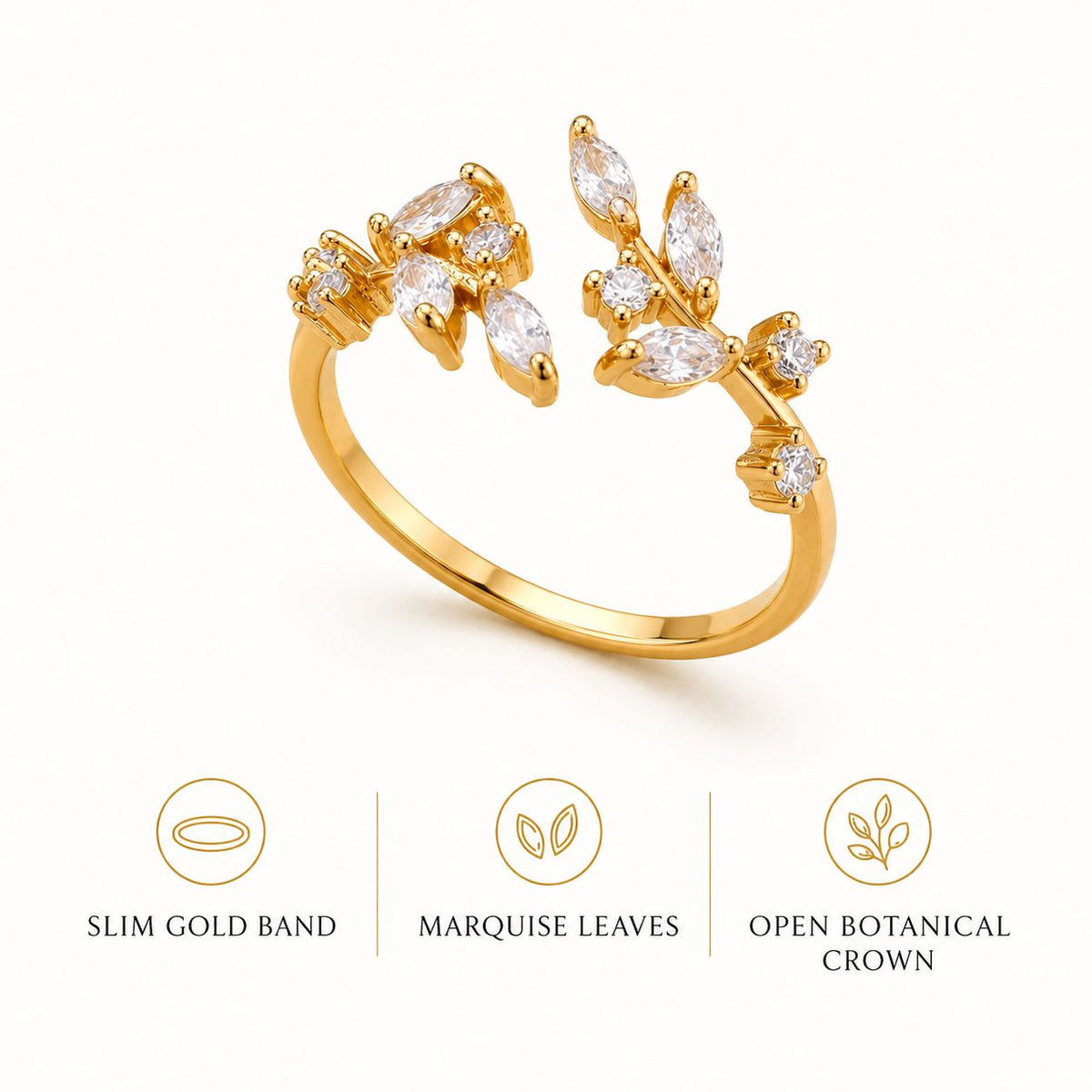 Crystal Leaf Branch Ring - Gold Tone