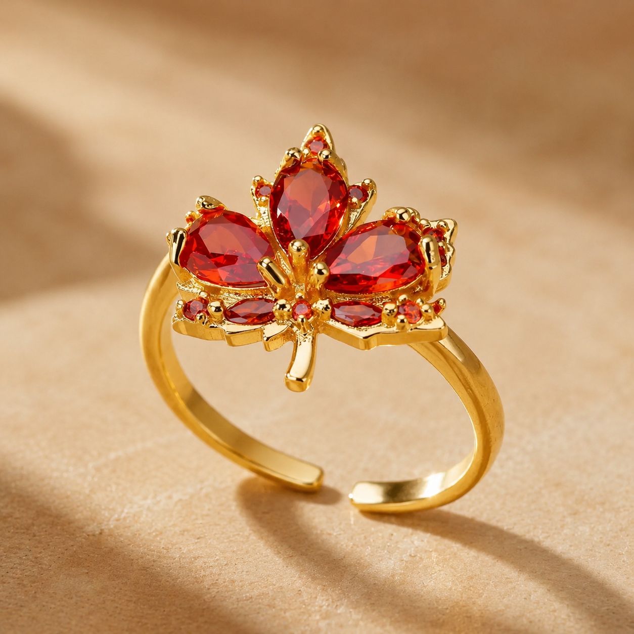 Red Crystal Maple Leaf Open Band Ring