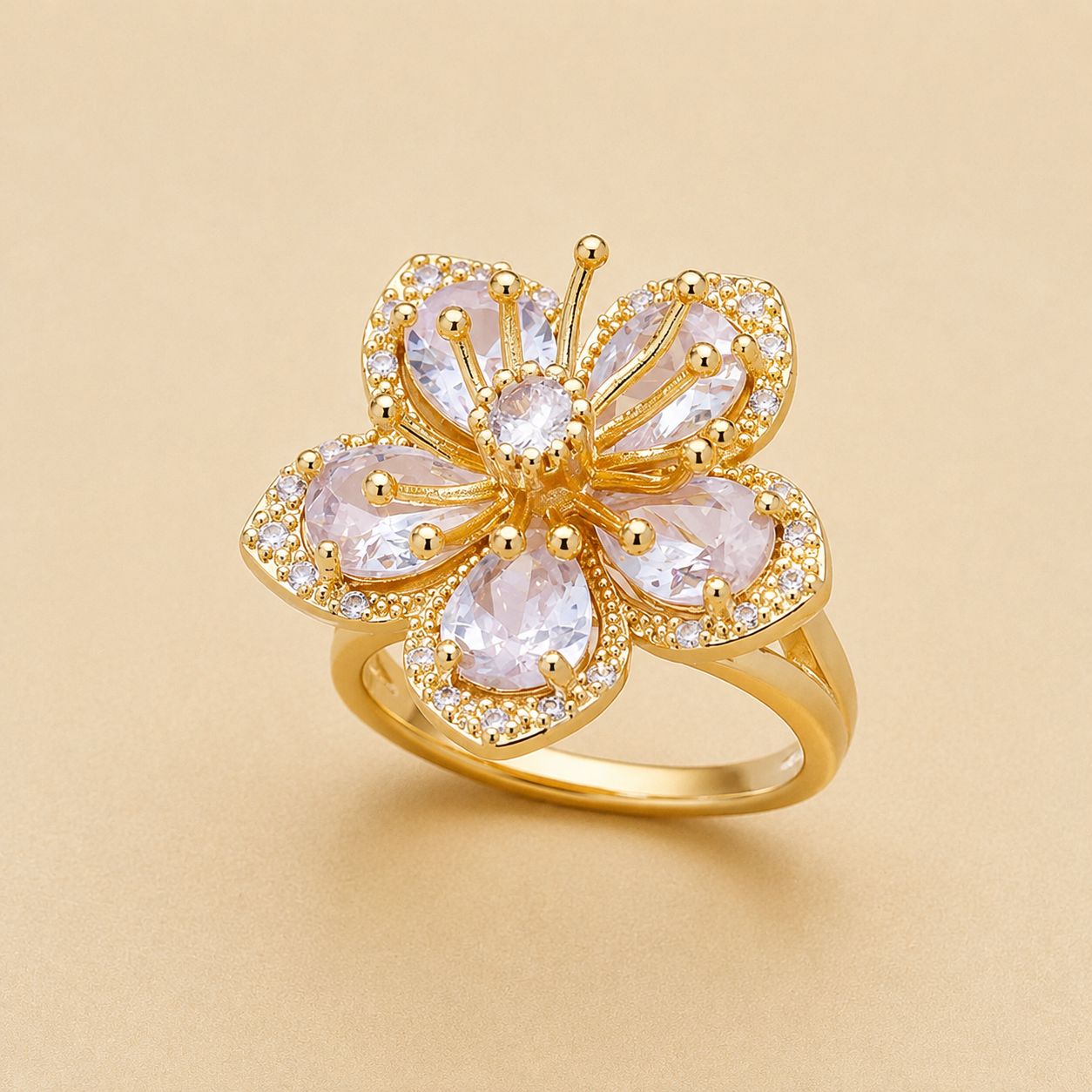 Clear Crystal Flower Statement Ring