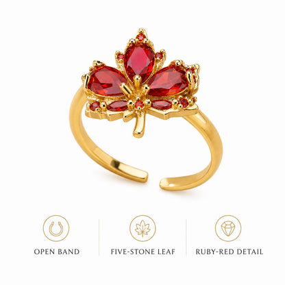Red Crystal Maple Leaf Open Band Ring