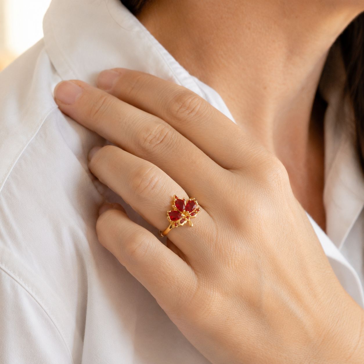 Red Crystal Maple Leaf Open Band Ring