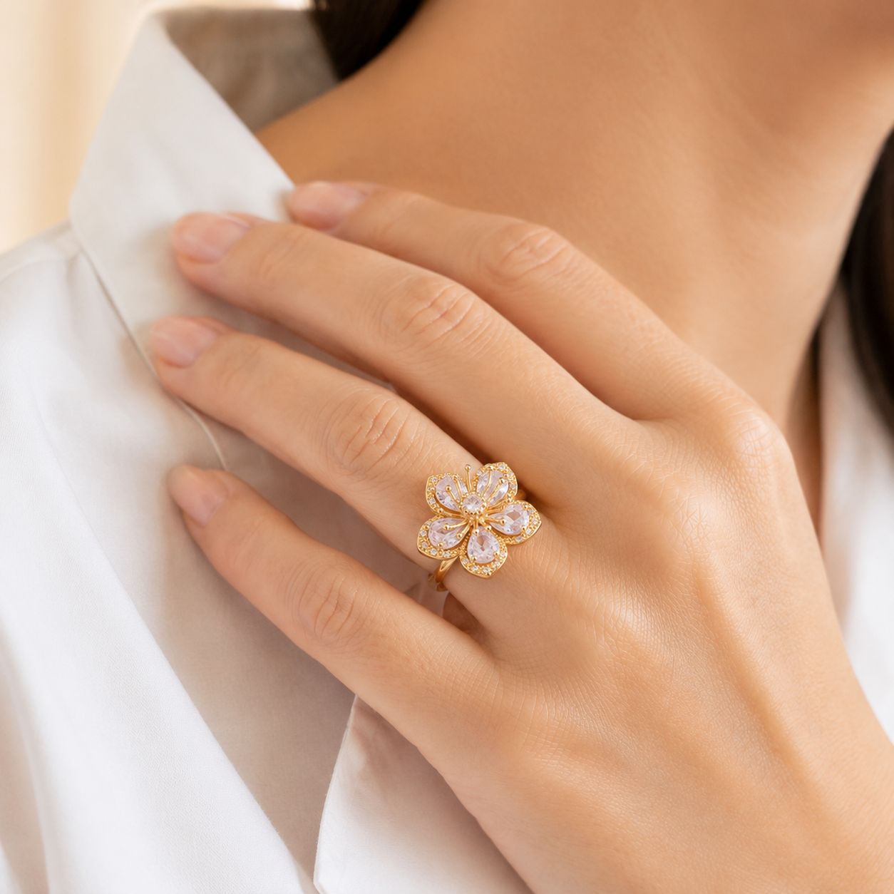 Clear Crystal Flower Statement Ring