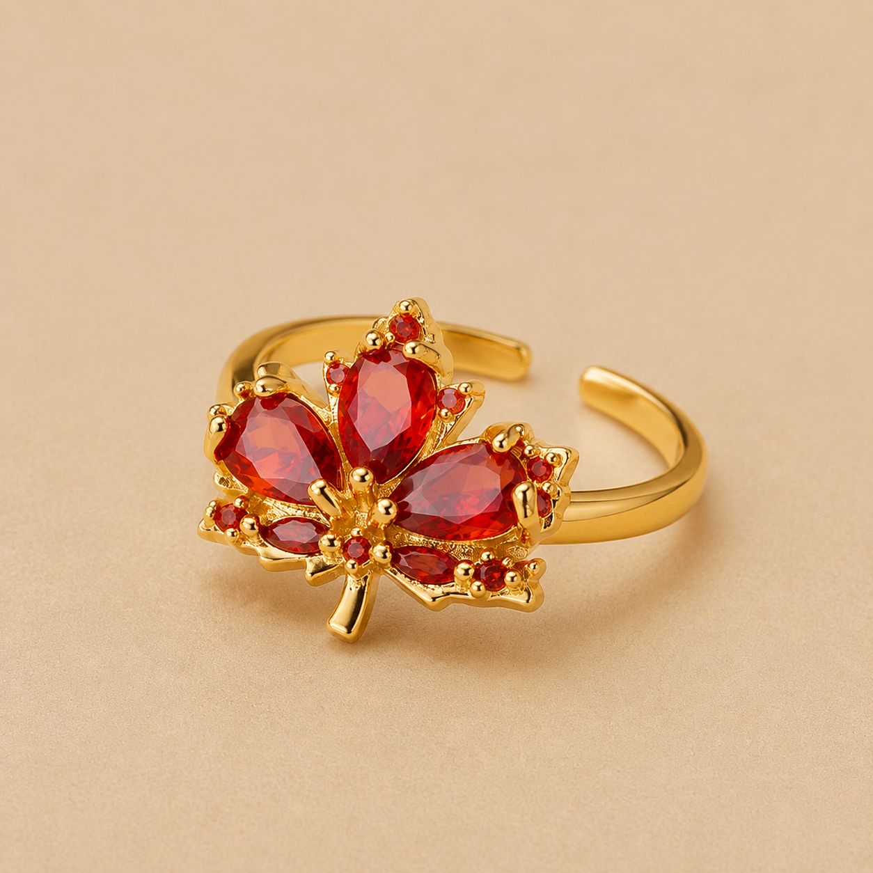 Red Crystal Maple Leaf Open Band Ring