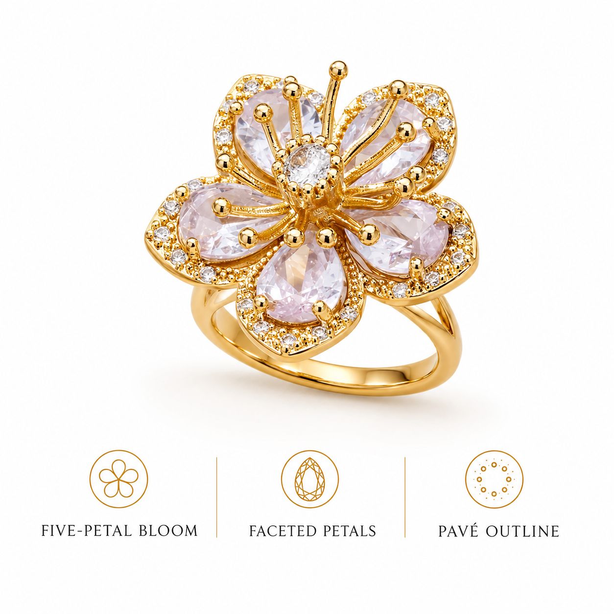 Clear Crystal Flower Statement Ring