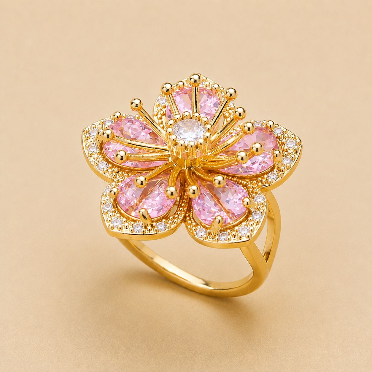 Pink Crystal Flower Statement Ring