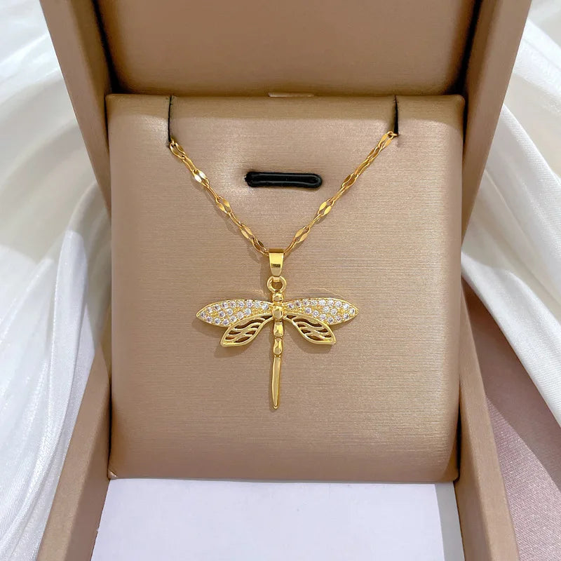 Crystal Dragonfly Gold Necklace