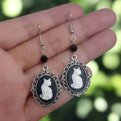 Vintage White Cat Drop Earrings – Silver Frame Jewelry for Women