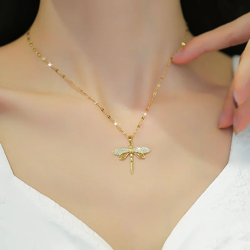 Crystal Dragonfly Gold Necklace
