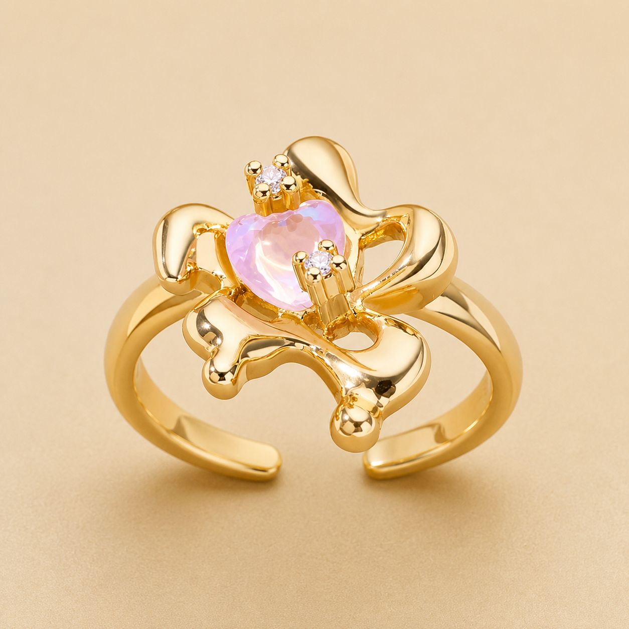 Pink Opal-Style Heart Flower Open Ring