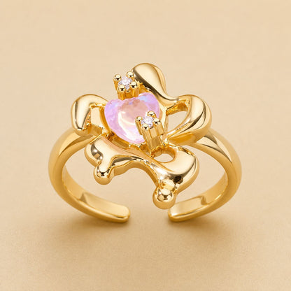 Pink Opal-Style Heart Flower Open Ring