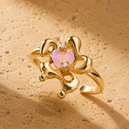 Pink Opal-Style Heart Flower Open Ring