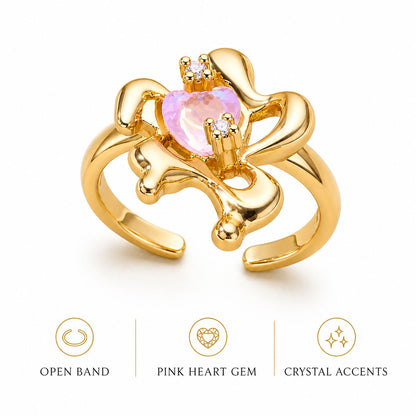 Pink Opal-Style Heart Flower Open Ring