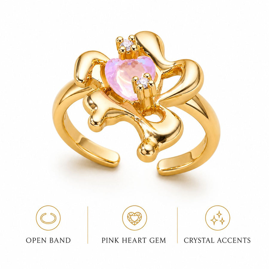 Pink Opal-Style Heart Flower Open Ring