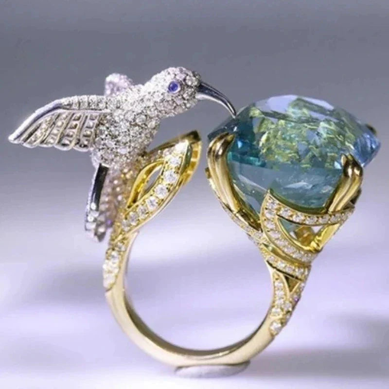Adjustable Aquamarine Color Hummingbird Ring