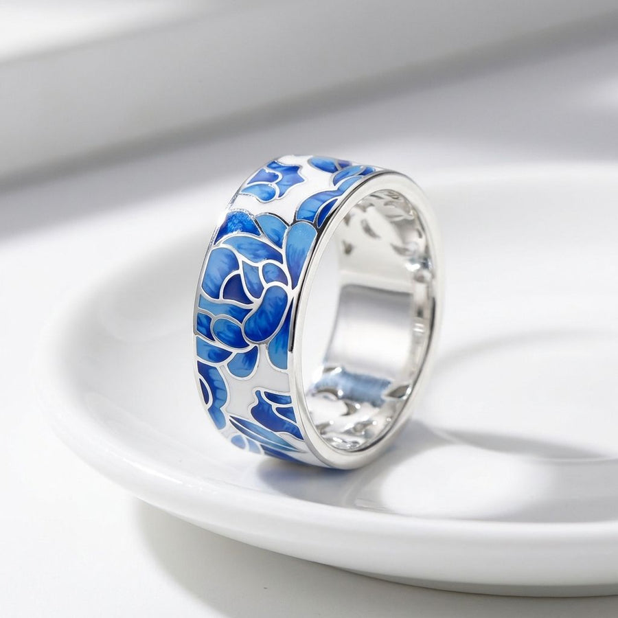 Vintage Silver Blue Enamel Flower Ring