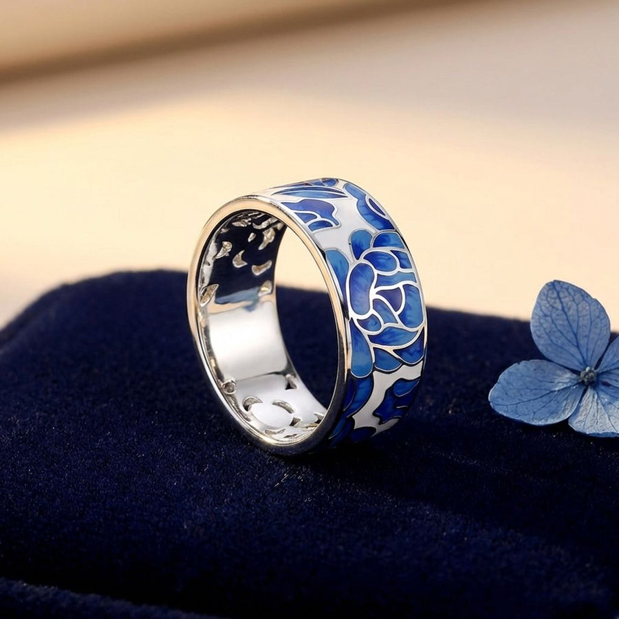 Vintage Silver Blue Enamel Flower Ring