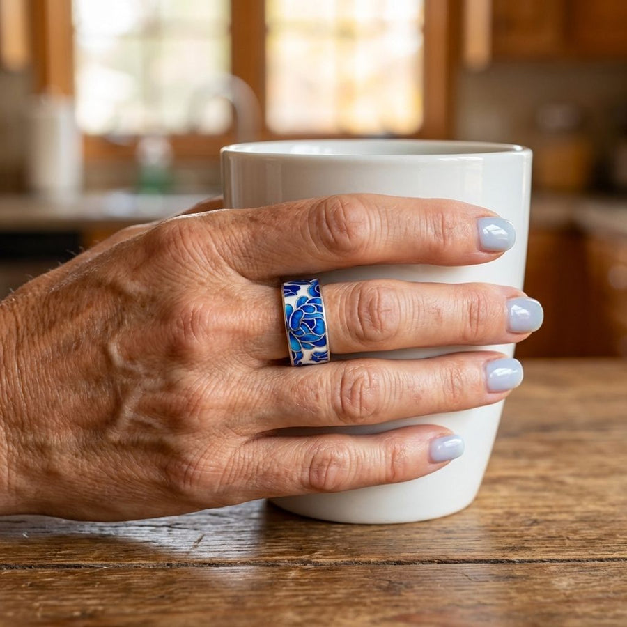Vintage Silver Blue Enamel Flower Ring