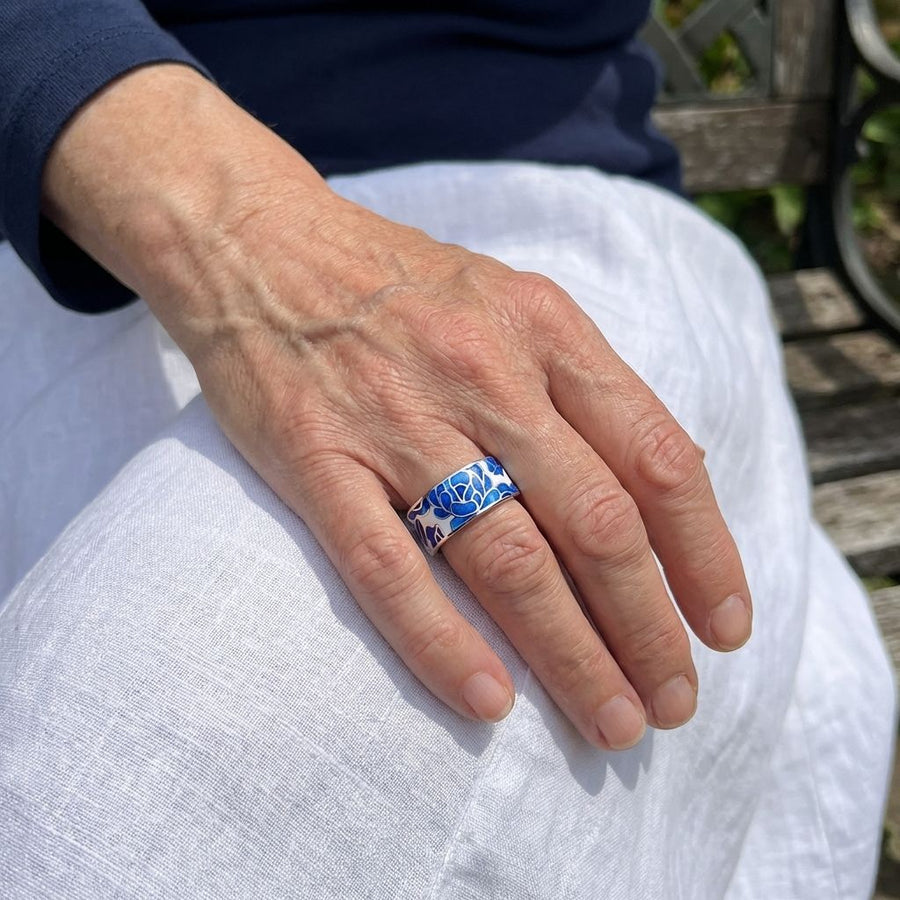 Vintage Silver Blue Enamel Flower Ring