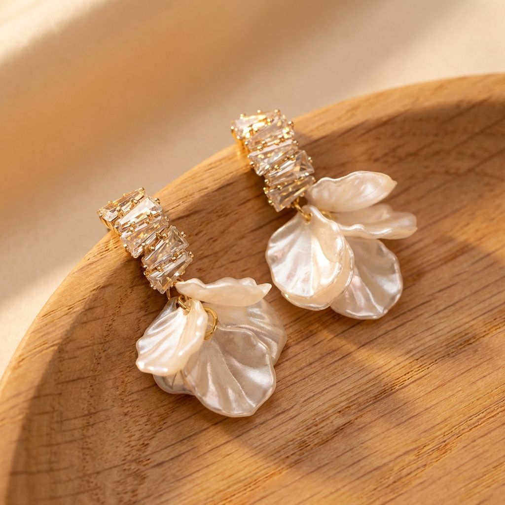 Elegant Gold Petal Earrings in White