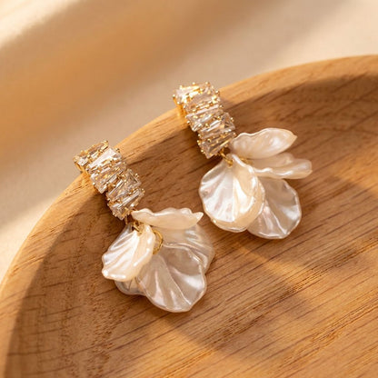 Elegant Gold Petal Earrings in White