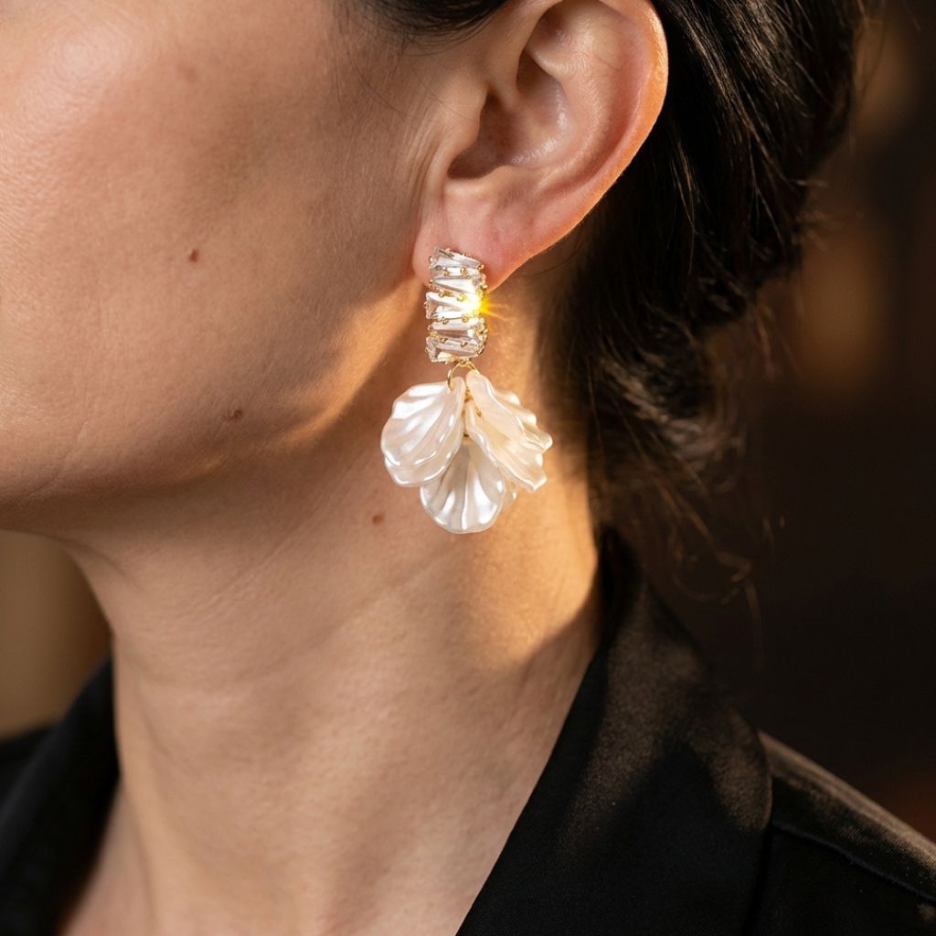 Elegant Gold Petal Earrings in White