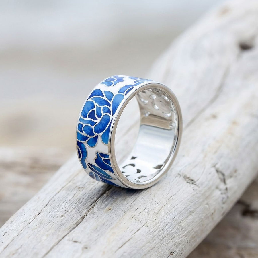 Vintage Silver Blue Enamel Flower Ring
