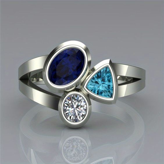Vintage Blue Crystals Silver Ring-Lydieannejewelry