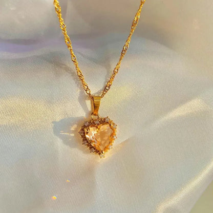 Gold Heart Pendant Necklace with Colorful Rhinestones