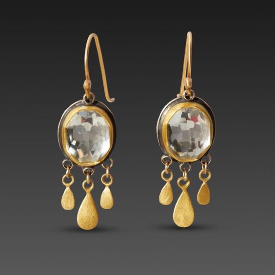 Vintage Dangling White Glass Gold Earrings-Lydieannejewelry