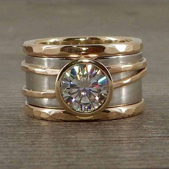 Vintage Inlaid Glass Golden & Silver Ring-Lydieannejewelry