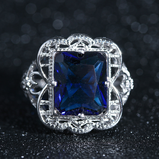 Vintage Blue Zirconia Hollow Silver Ring-Lydieannejewelry