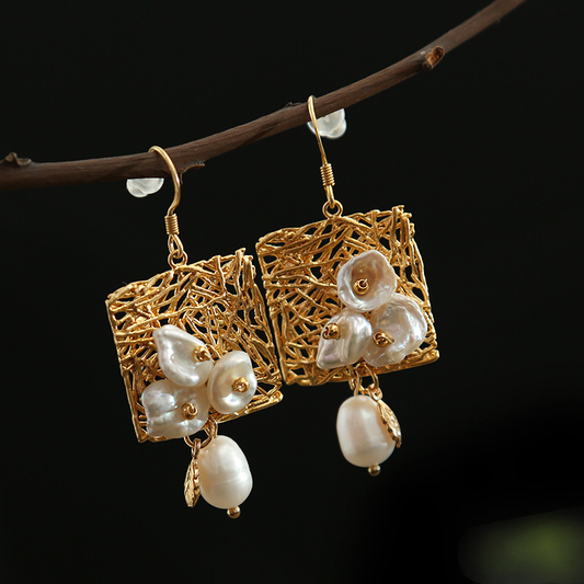 Vintage White Pearls and Flowers Earrings-Lydieannejewelry