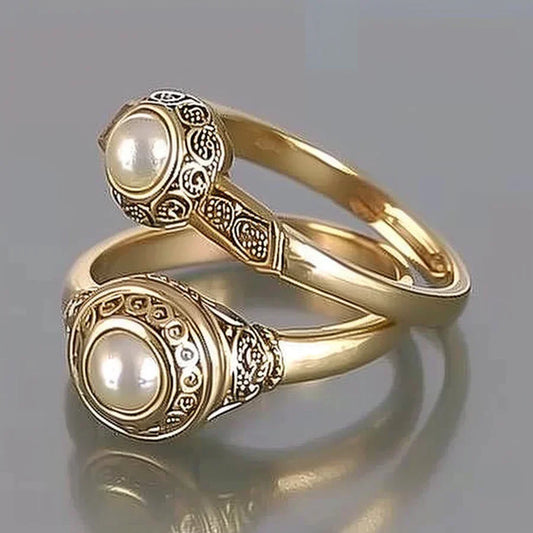 Vintage Inlaid Pearl Gold Ring Set-Lydieannejewelry