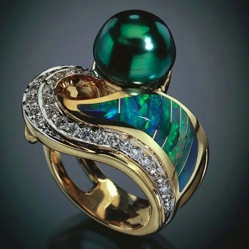 Vintage Green Pearl Zirconia Ring-Lydieannejewelry