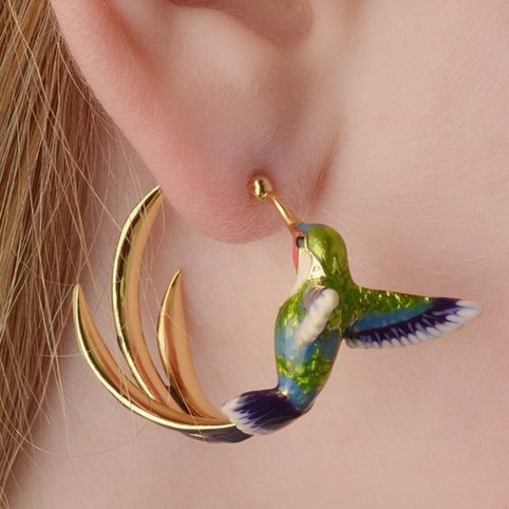 Vintage Enamel Hummingbird Hoop Earrings-Lydieannejewelry
