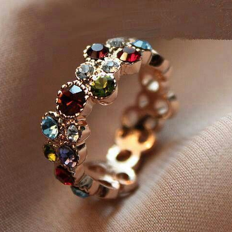 Vintage Colorful Inlaid Crystal Gold Ring-Lydieannejewelry