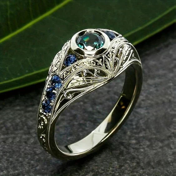 Vintage Blue Green Silver Bright Ring-Lydieannejewelry