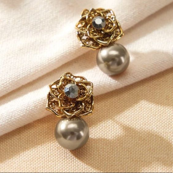 Vintage Dark Pearl Gold Earrings-Lydieannejewelry
