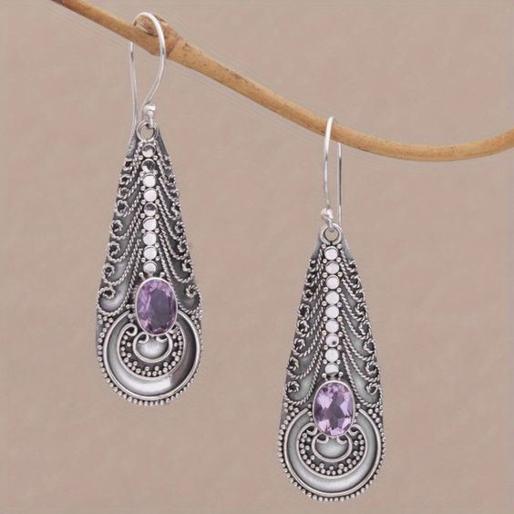 Vintage Dangling Purple Glass Earrings-Lydieannejewelry