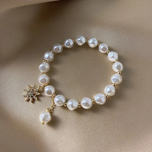 Gold White Pearl & Sunflower Pendant Bracelet-Lydieannejewelry