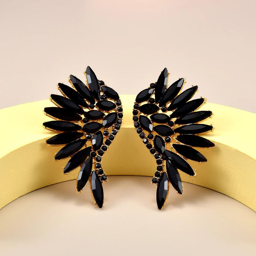 Vintage Black Wing Crystal Gold Earrings-Lydieannejewelry