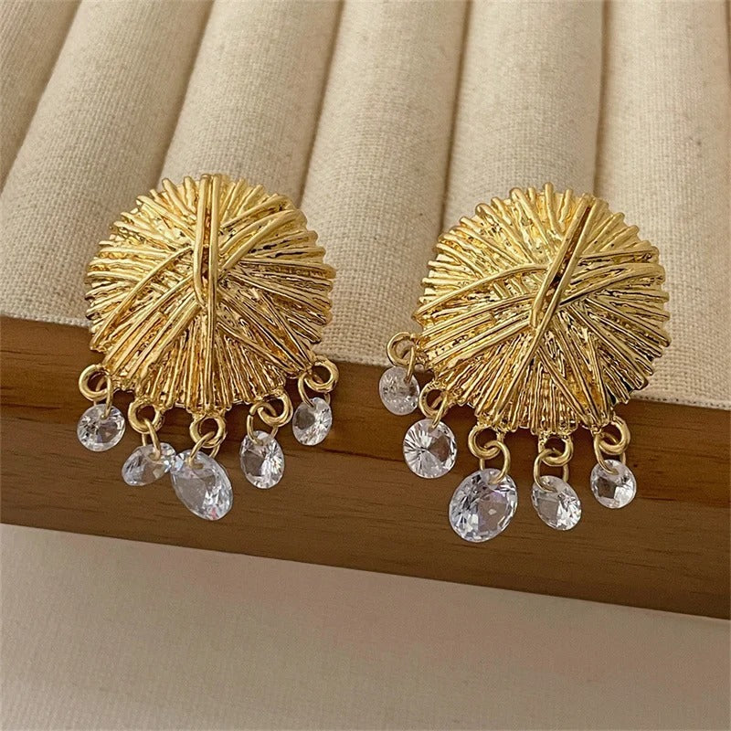 Classic Gold Textured Disc & Crystal Drop Earrings-Lydieannejewelry