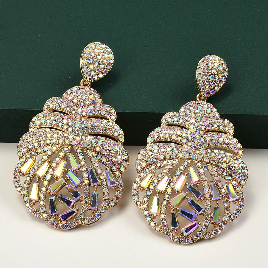 Gold Vintage Seashell Shaped Crystal Earrings-Lydieannejewelry