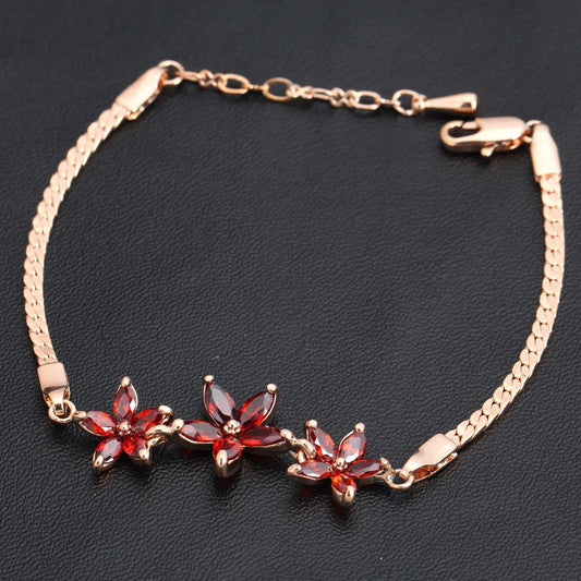 Retro Rose Gold & Three Red Crystal Flower Bracelet-Lydieannejewelry