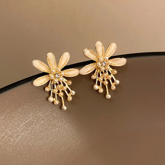 Gold Floral Pearl Beads Earrings-Lydieannejewelry